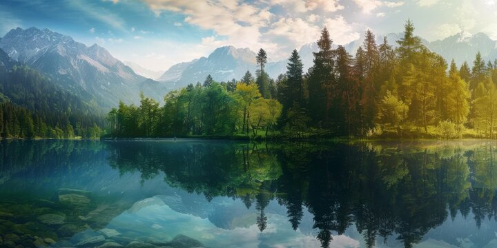 Landscape of a mountain lake surrounded by a dense forest of trees
