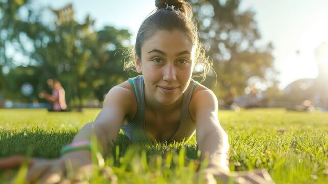 Woman doing outdoor bootcamp exercises in a park, fitness