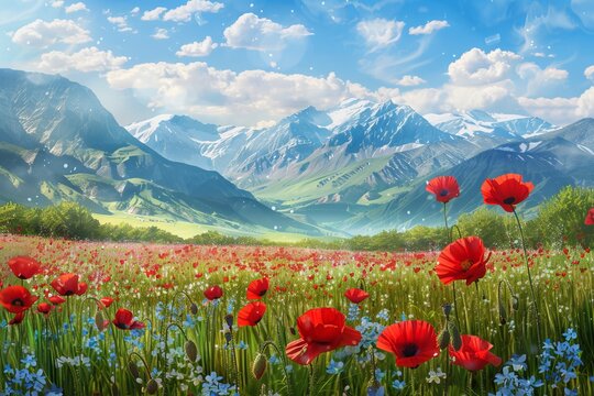 Panorama of beautiful spring landscape with poppies and mountains. Digital painting 