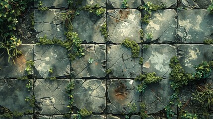 Cracked concrete pattern, reflecting the ruins of the urban landscapes, interspersed with patches of resilient green moss and small plants, resilience of nature created with Generative AI Technology