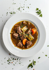 lamb soup with meat, potato and carrots in the white bowl standing on the white table, close-up - obrazy, fototapety, plakaty