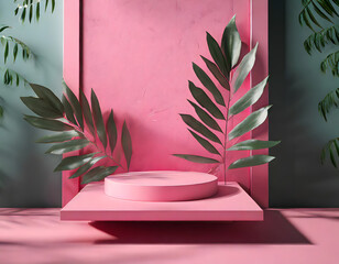 abstract minimal modern pink podium and leaves 3d render. Generative AI.