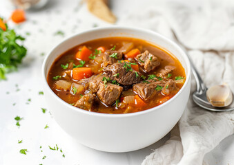 lamb soup with meat, potato and carrots in the white bowl standing on the white table, close-up - obrazy, fototapety, plakaty