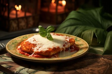 Juicy chicken parmesan on a palm leaf plate against a vintage wallpaper background