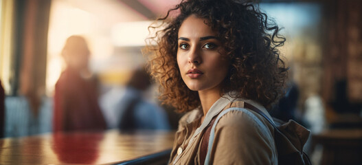 young adult woman, crowds of people or queues in the background, indoor, airport or train station or shop