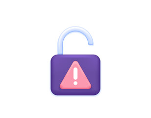 security warning. notification if an error occurs in the security system. password has been hacked. open padlock and warning sign. symbol or icon. minimalist 3d illustration concept design. graphic