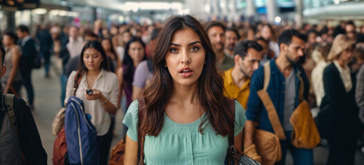 women at airport or train station or terminal, shocked and surprised, fictional reason - obrazy, fototapety, plakaty