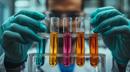 a scientist holding up medical testing tubes filled with colorful liquids, symbolizing the promise of future medical advancements in treating infectious diseases - obrazy, fototapety, plakaty