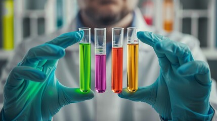 a scientist holding up medical testing tubes filled with colorful liquids, symbolizing the promise of future medical advancements in treating infectious diseases - obrazy, fototapety, plakaty