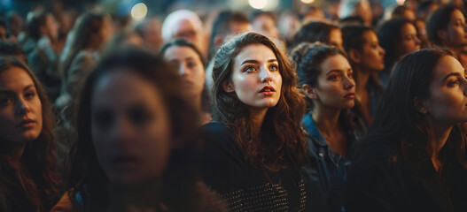 young adult woman or teenager in crowd of people, fictional event - obrazy, fototapety, plakaty