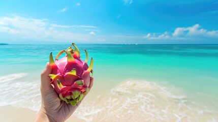 Dragon fruit, Hand gripping, against a sandy beach with turquoise waters. 