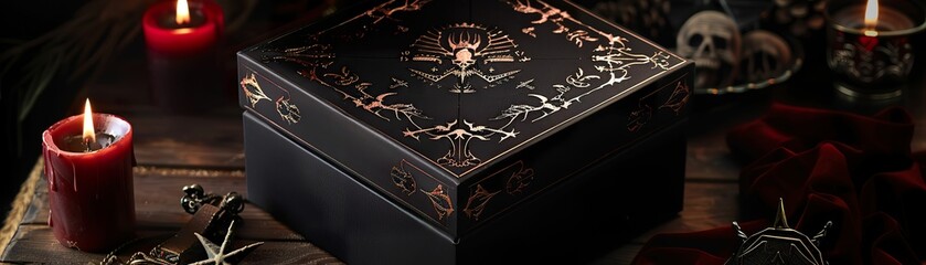 A gift box with demonic symbols and dark colors