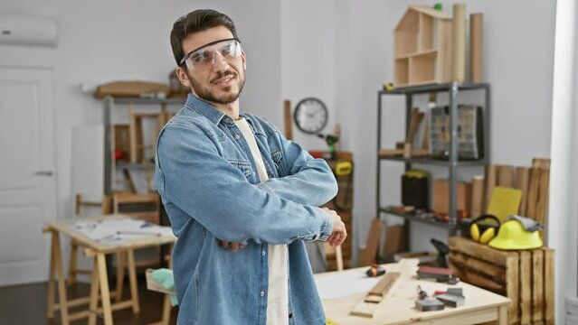 A cheerful young man with a beard and glasses stands arms crossed in a tidy carpentry workshop.