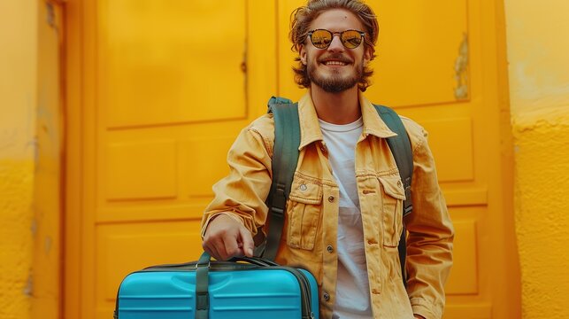 A funny young happy man in sunglasses carrying his blue suitcase is going on a summer holiday trip and having fun on a yellow background. Vacation and travel concept.