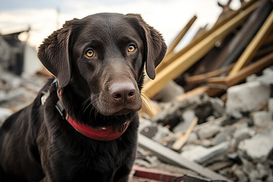 Generative AI image of rescue dog searcher on the ruins of a building after an earthquake