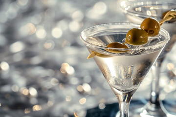 Martini with olives in a glass on a silver background with close up space for text or inscriptions,...