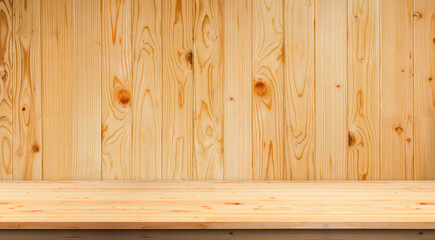 Blank wood countertop and wooden wall background in vintage style for product mockup display...