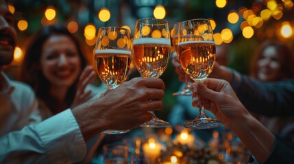 A group of friends toasting with sparkling wine glasses during a festive evening celebration, with golden bokeh lights. - obrazy, fototapety, plakaty
