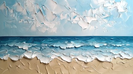 Closeup of impasto abstract rough seascape and beach. Blue, white and beige colors, art painting canvas texture	
