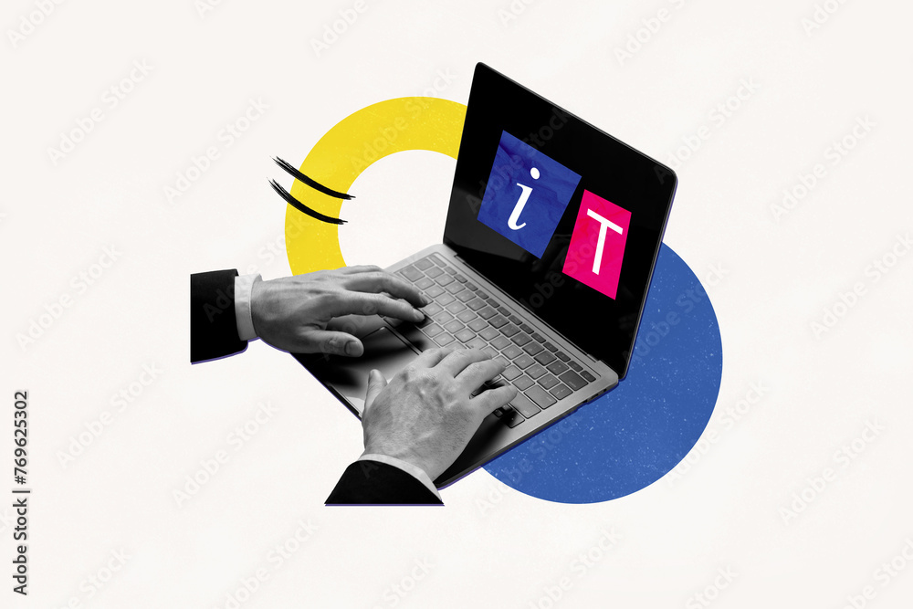 Fototapete collage artwork picture of male arms touch keypad write create site website programmer isolated on c