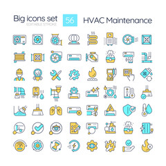 Fototapeta na wymiar HVAC maintenance RGB color icons set. Commercial services. Heating and coolin system. Air conditioning. Isolated vector illustrations. Simple filled line drawings collection. Editable stroke
