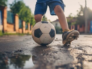 Close-up view of a child's feet in sneakers playing with a soccer ball on a wet urban street. - obrazy, fototapety, plakaty