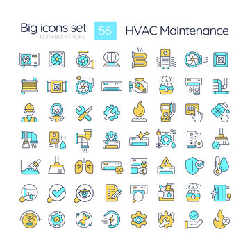 HVAC maintenance RGB color icons set. Commercial services. Heating and coolin system. Air conditioning. Isolated vector illustrations. Simple filled line drawings collection. Editable stroke