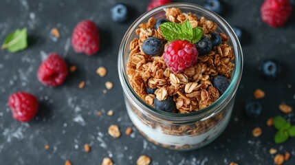 Granola with yogurt and berries in a glass jar