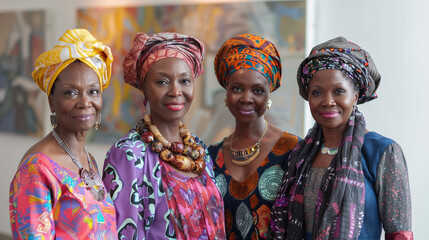 Four African women with headscarves smiling confidently.