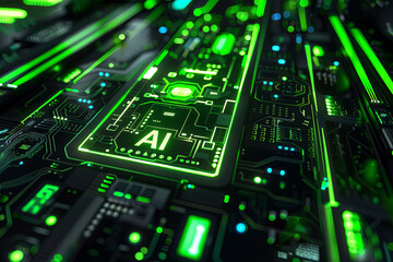 A black and green futuristic GUI with text AI - obrazy, fototapety, plakaty