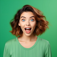 Portrait of attractive shocked young girl sudden incredible reaction to news wow isolated on green background. Concept of sale, discounts for black friday