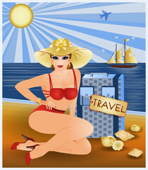 Travel Pinup sexy girl with bag, vip card, vector illustration