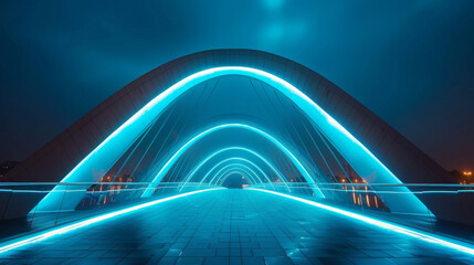 Modern illuminated bridge glowing with blue lights against a night sky, creating a futuristic archway with reflections on the sleek surface. - obrazy, fototapety, plakaty