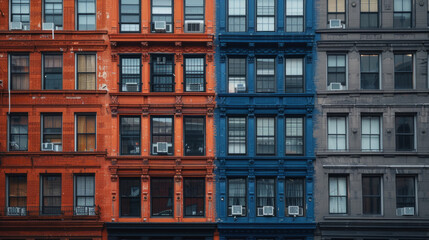 Fototapeta premium A symmetrical view of colorful apartment buildings featuring red, blue, and grey facades with multiple windows and architectural details in an urban setting.