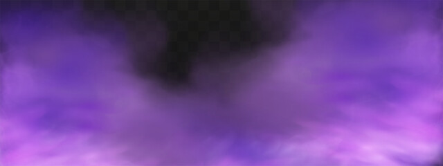 Fototapeta premium Scary mystical violet fog in night Halloween. Purple poisonous gas, dust and smoke effect.Realistic neon magic mist steam on a transparent dark background.