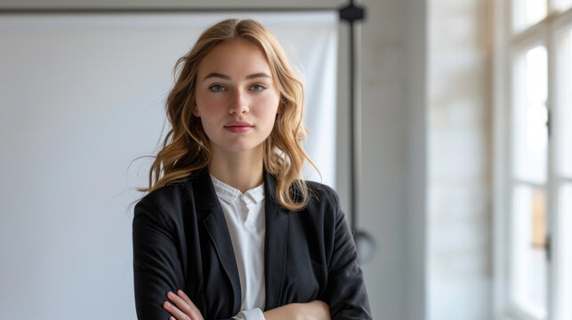 A confident young woman in a business suit stands with her arms crossed in a brightly lit office space, exuding professionalism and poise.