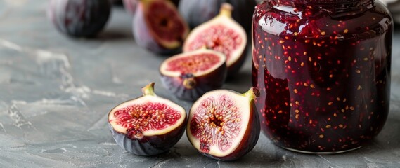 Jar of fig jam surrounded by halves of fresh figs on a rough gray surface