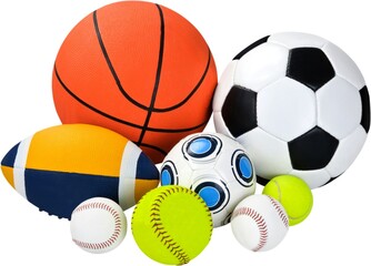 A collection of colorful sports balls including a soccer ball, basketball, baseball, American football, rugby ball, volleyball, and tennis balls, all piled together on a white background.