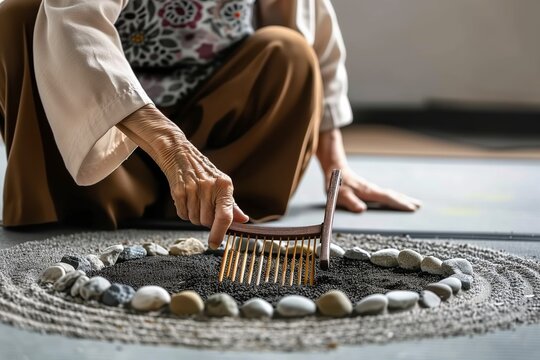elderly person sitting, reaching to rake a mini zen garden