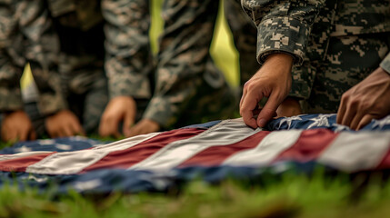 memorial day concept, A military honor guard folding the flag in ceremony - obrazy, fototapety, plakaty