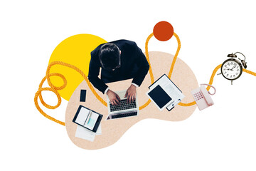 Composite photo collage of office worker man workplace tablet laptop alarm time deadline planner...