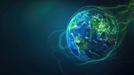 Abstract digital depicts a futuristic and eco-friendly globe,showcasing a harmonious blend of green and blue hues The design represents the planet's natural environment and global initiatives