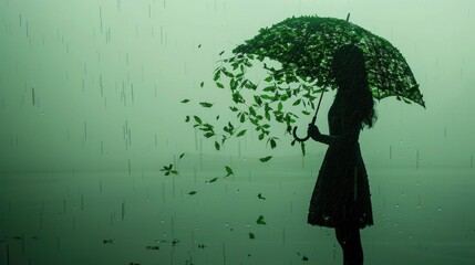 A silhouetted figure holding an umbrella made of lush,green leaves stands in a rain-soaked,natural landscape The image symbolizes the of nature and human life,blending the organic world - Powered by Adobe