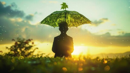 A silhouetted figure holding an umbrella made of lush,green leaves stands in a rain-soaked,natural landscape The image symbolizes the of nature and human life,blending the organic world - Powered by Adobe