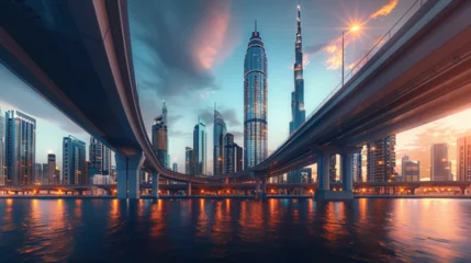 Foto op Plexiglas Futuristic Urban Landscape: Bridges and Skyscrapers © Nijam