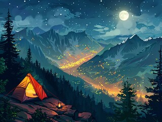 a tent on a rocky mountain with a lit up lantern in front of a moonlit valley - obrazy, fototapety, plakaty