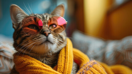 Cool fashionable cat concept. Cat wearing pink sunglasses and yellow jumper in front of bright yellow and blue wall background