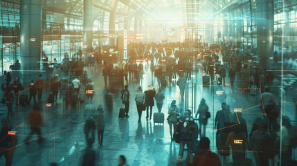 Blurred motion of busy airport terminal with traveling passengers and light reflections. Conceptual image depicting travel, crowds, and transportation hubs.