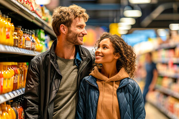 An affectionate couple enjoys grocery shopping together in a well-lit supermarket aisle - obrazy, fototapety, plakaty