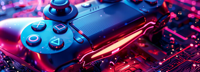 gaming console controller art illustration holographic neon abstract banner with with glowing elements inspired by technology evolution	
